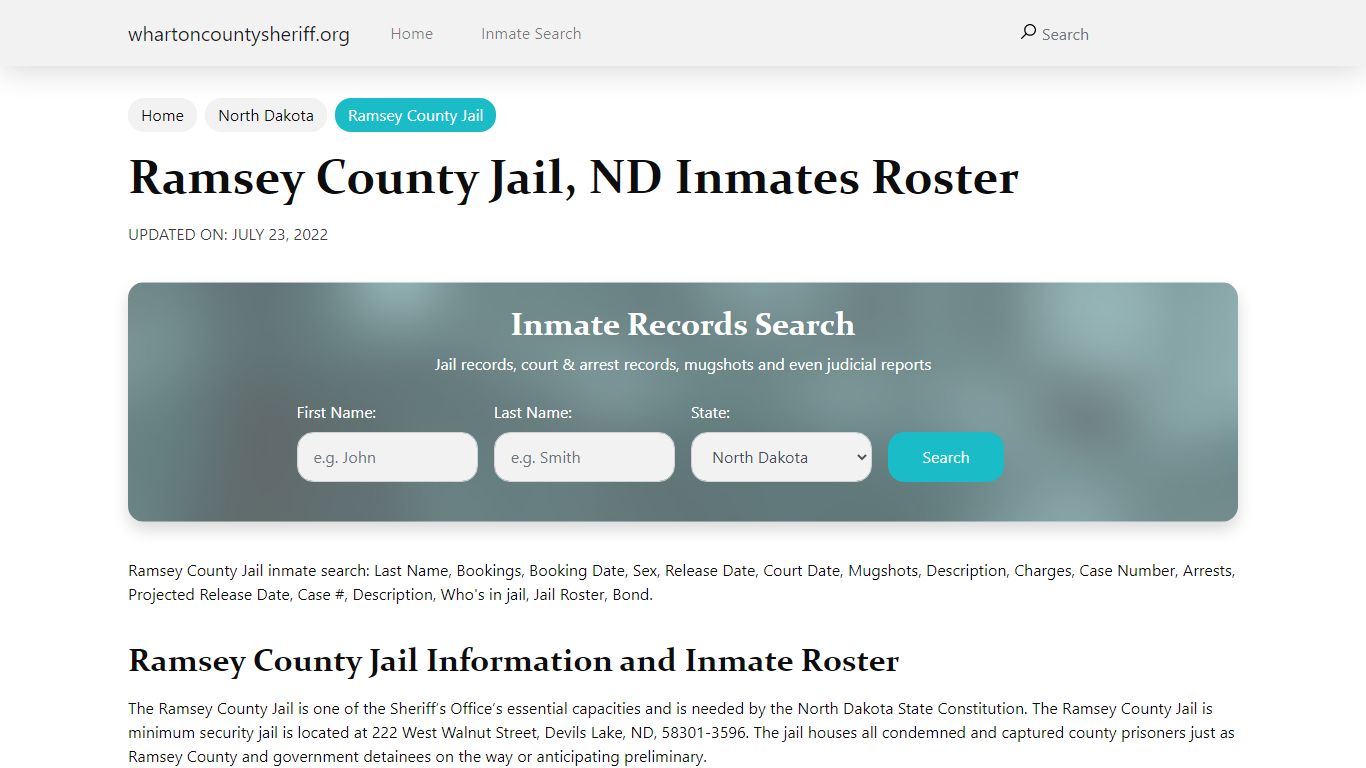 Ramsey County Jail, ND Jail Roster, Name Search